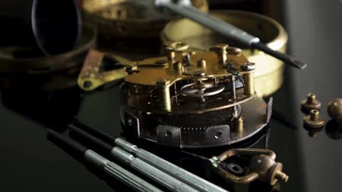 Antique disassembled and working table clock with obvious signs of dirt and.. Stock Footage 255089704