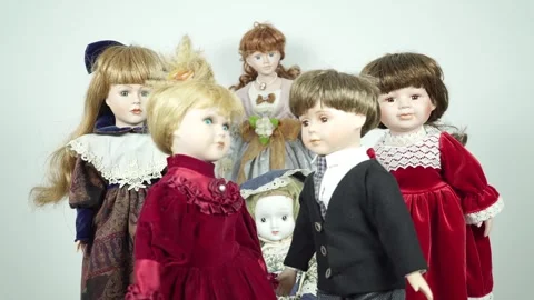 Antique Dolls Close Up On Gray Background. Stock Footage 290392315