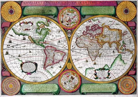 Antique double hemisphere world map showing the continents, oceans, and cel.. Foto stock