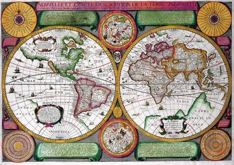 Antique double hemisphere world map showing the continents, oceans, and cel.. Stock Photos