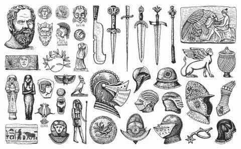 Antique elements. Knightly weapons and armor. Egyptian vases, mummy and Illustrazione stock