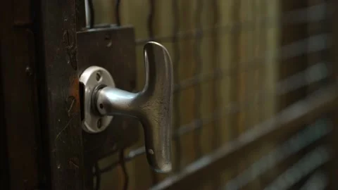 Antique elevator going up and arriving at floor. A hand opens and closes Stock Footage 150576604