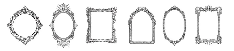 Antique frame set, hand drawn doodle vintage border, museum picture empty Stock Illustration