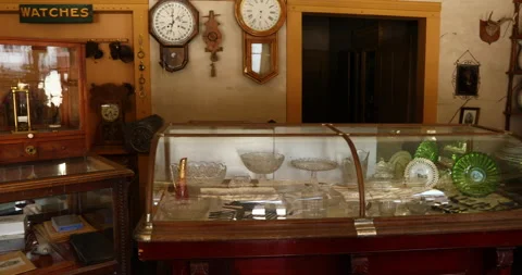 Antique glass ware store restored historic display pan 4K Stock Footage 141430947