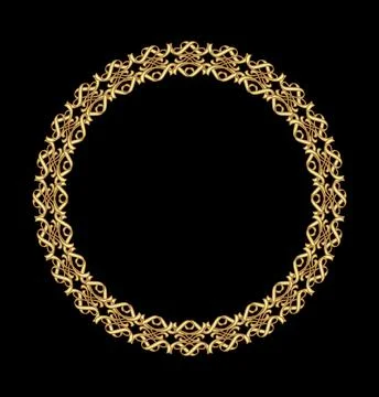 Antique gold frame, circular frame on a black background. Fine brass art deco Stock Illustration