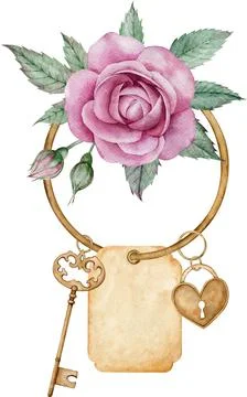 Antique golden key, pendant heart lock with pink rose, green leaves Stock Illustration