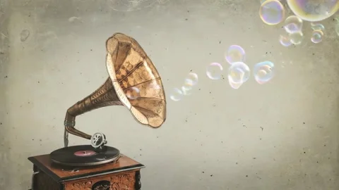 Antique Gramophone Blowing Soap Bubbles into the Air Stock Footage 346783379