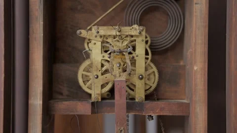 Antique granfather clock internal gears Stock Footage 341636858