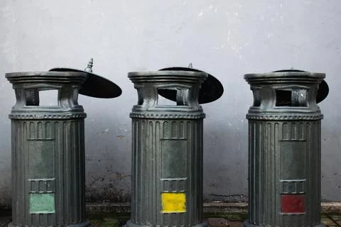 Antique green trash can, Garbage bins on the sidewalks of city streets in kota Stock Photos