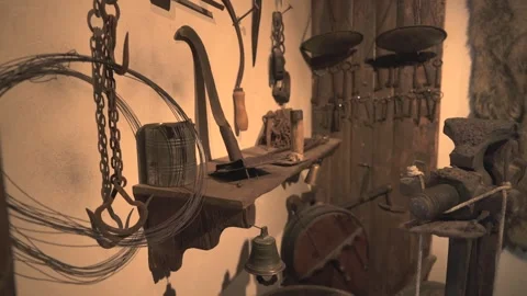 Antique household object rests inside historic room - Old Tool and Aged Texture Stock Footage 339812962
