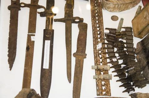 Antique knives and other tools at a flea market in Russia Stock Photos