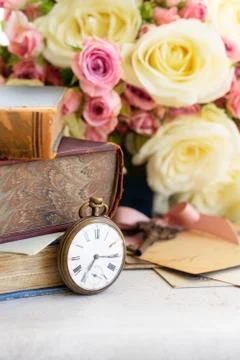 Antique mail and clock Stock Photos