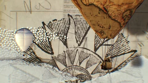 Antique map balloon drifting past rising etched sun rays Stock Footage 346778195