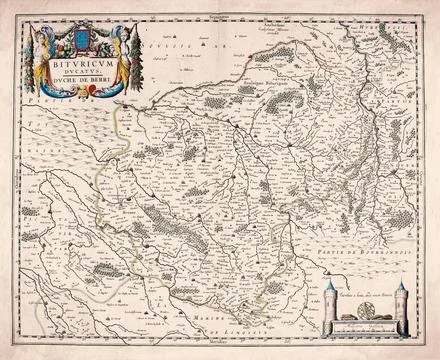 Antique Map of Berry and Bourges, Central France, 17th Century Map Stock Illustration