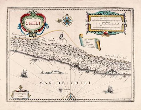 Antique Map of Chile, 17th Century Map Stock Illustration