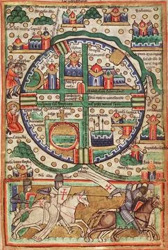 Antique map depicting Jerusalem, featuring crusaders riding horses, drawn f.. Stock Illustration
