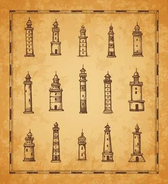 Antique map elements, lighthouse, beacon sketches 库存插图