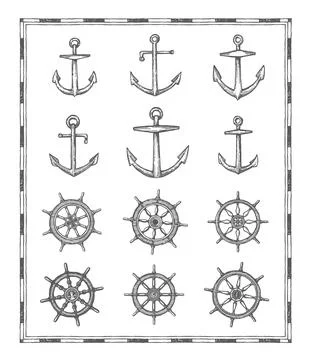 Antique map elements, sail anchor and helm sketch Stock Illustration