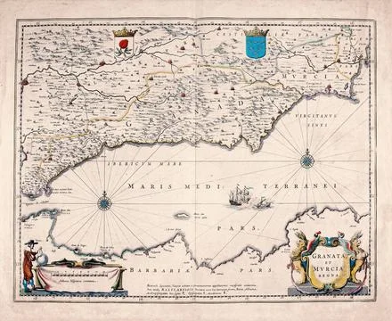 Antique Map of Granada and Murcia, Southern Spain, 17th Century Map Stock Illustration