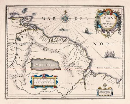 Antique Map of Guiana and the Amazon Region, 17th Century Map Stock Illustration