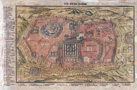 Antique map of Jerusalem from the 16th or 17th century, with german labels,.. Stock Illustration