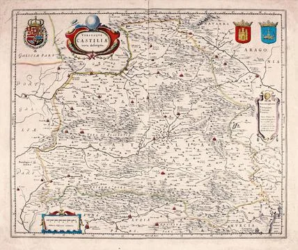 Antique Map of Old and New Castile, Central Spain, 17th Century Map Stock Illustration