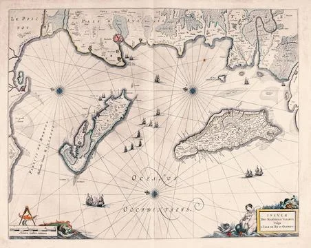 Antique Map of Re and Oleron Islands, Western France, 17th Century Map Stock-Illustration