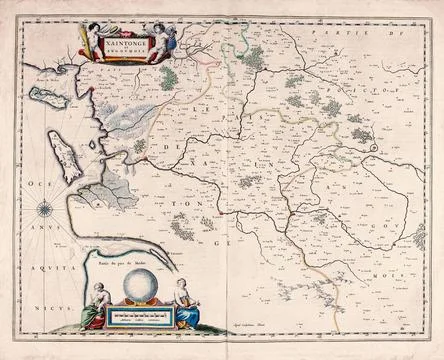 Antique Map of Saintonge and Angoumois, Western France, 17th Century Map Stock Illustration