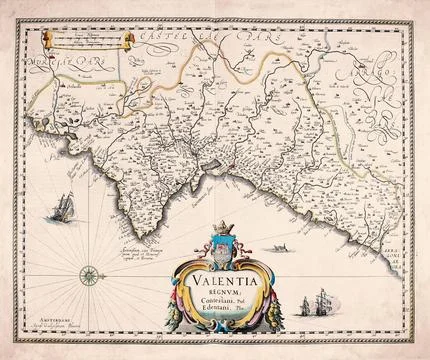 Antique Map of Valencia, Eastern Spain, 17th Century Map Stock Illustration