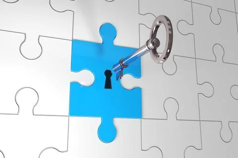 Antique metallic key is fitting into blue puzzle piece in 3D render with white Stock Illustration