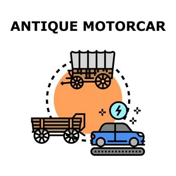 Antique motorcar evolution from wagon to electric vehicle Stock Illustration