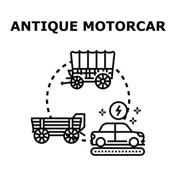 Antique motorcar evolution from wagon to electric vehicle Stock Illustration