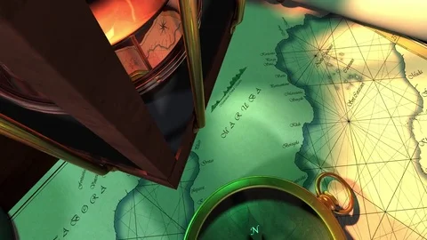 Antique nautical instruments move down to X mark on map Stock Footage 76240618