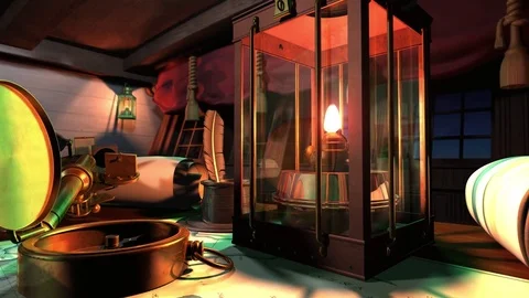 Antique nautical instruments move to oil lantern then flame goes out Stock Footage 76240848