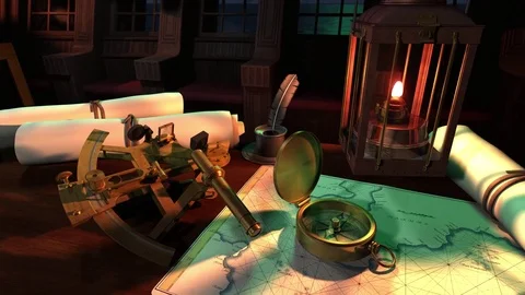Antique nautical instruments track and move to compass needle Stock Footage 76242009