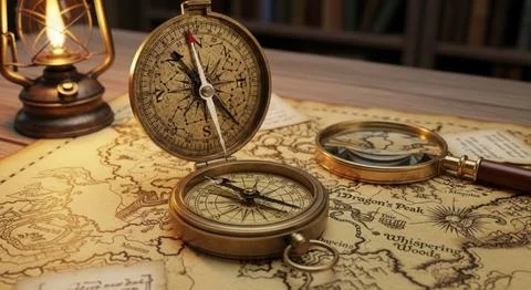 Antique nautical navigation tools antique compass magnifying glass and lant.. Stock Illustration