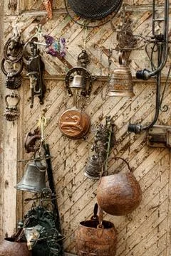 Antique objects at a flea market Stock Photos