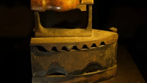 Antique old Iron in the attic - camera moving close on dolly 스톡 동영상 112720215