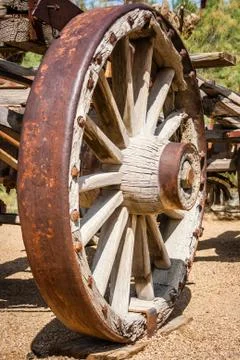 Antique old west wooden wagon wheel Stock Photos