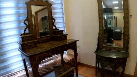 Antique oriental dressing table with gold ornaments in Uzbekistan museum Stock Footage 335349277
