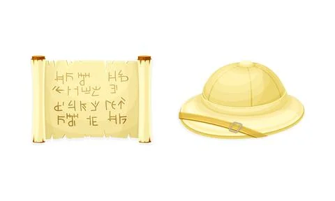 Antique papyrus scroll and hat of archaeologist. Objects of archaeology vector イラスト素材