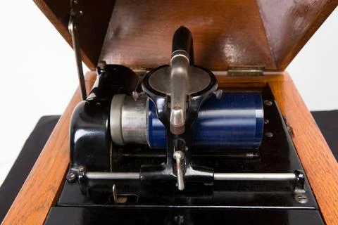 Antique Phonograph - Vintage tabletop cylinder phonograph circa 1920. Blue Stock Photos
