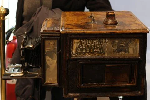 Antique plate large format leather bellows camera wood and brass old fashioned Stock Photos