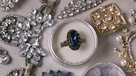 Antique ring with blue gemstone in box and jewel set. Jewelry Video stock 170672610