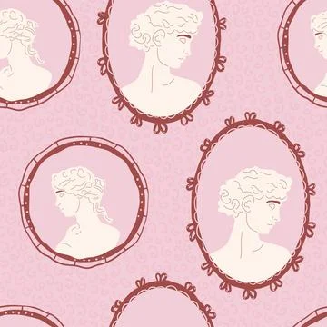 Antique Roman Statues seamless pattern. Greek goddess sculpture on picture oval イラスト素材
