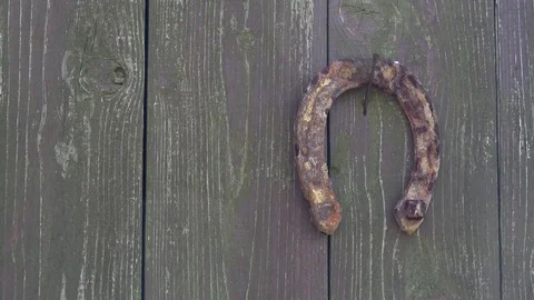Antique rusty horseshoe fixed on nails on old wooden surface. Stock Footage 79161811