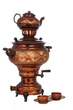 The antique samovar on the white background Stock Photos