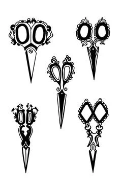 Antique scissors vector silhouettes. Collection of vintage accessories. Stock Illustration