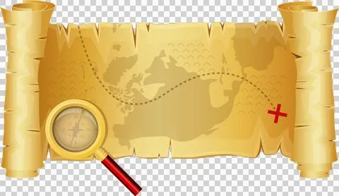 Antique scroll with a treasure map, dotted route, marked with a red "X" and.. Stock Illustration