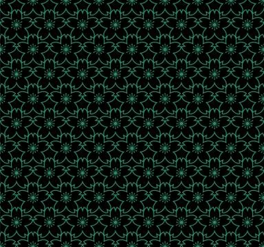 Antique seamless green background cherry blossom flower outline 스톡 일러스트